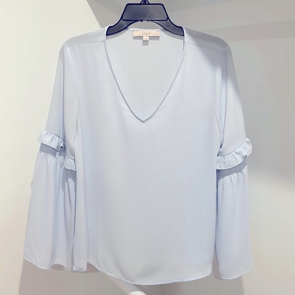 LOFT Tops - LOFT Small Flare Sleeve Vneck Pale Sky Blue Boho Blouse
